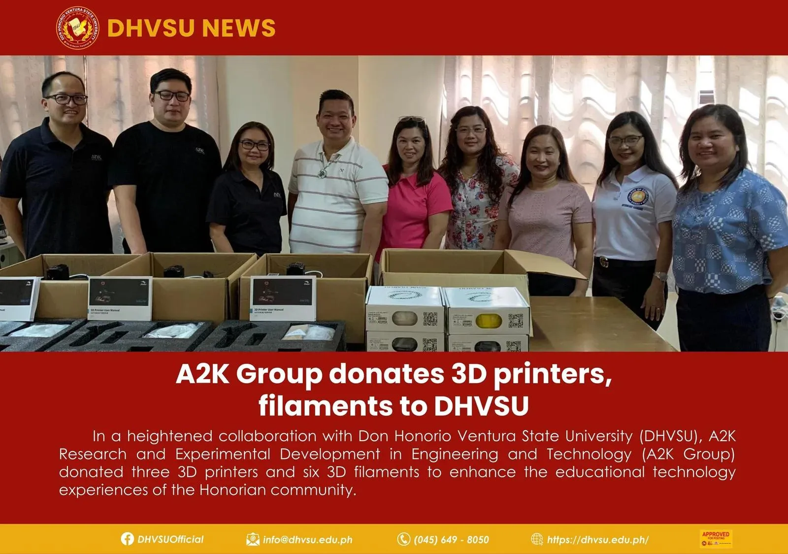 A2K Group donates 3D printers, filaments to DHVSU