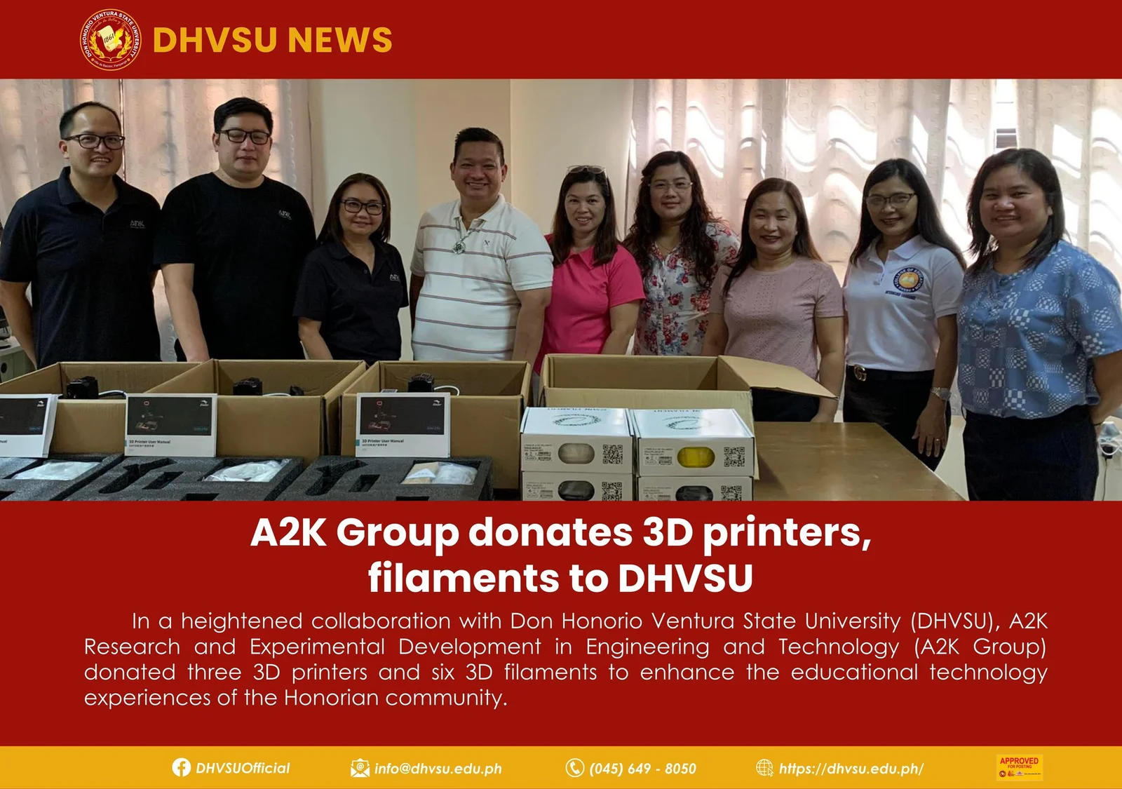 A2K Group donates 3D printers, filaments to DHVSU